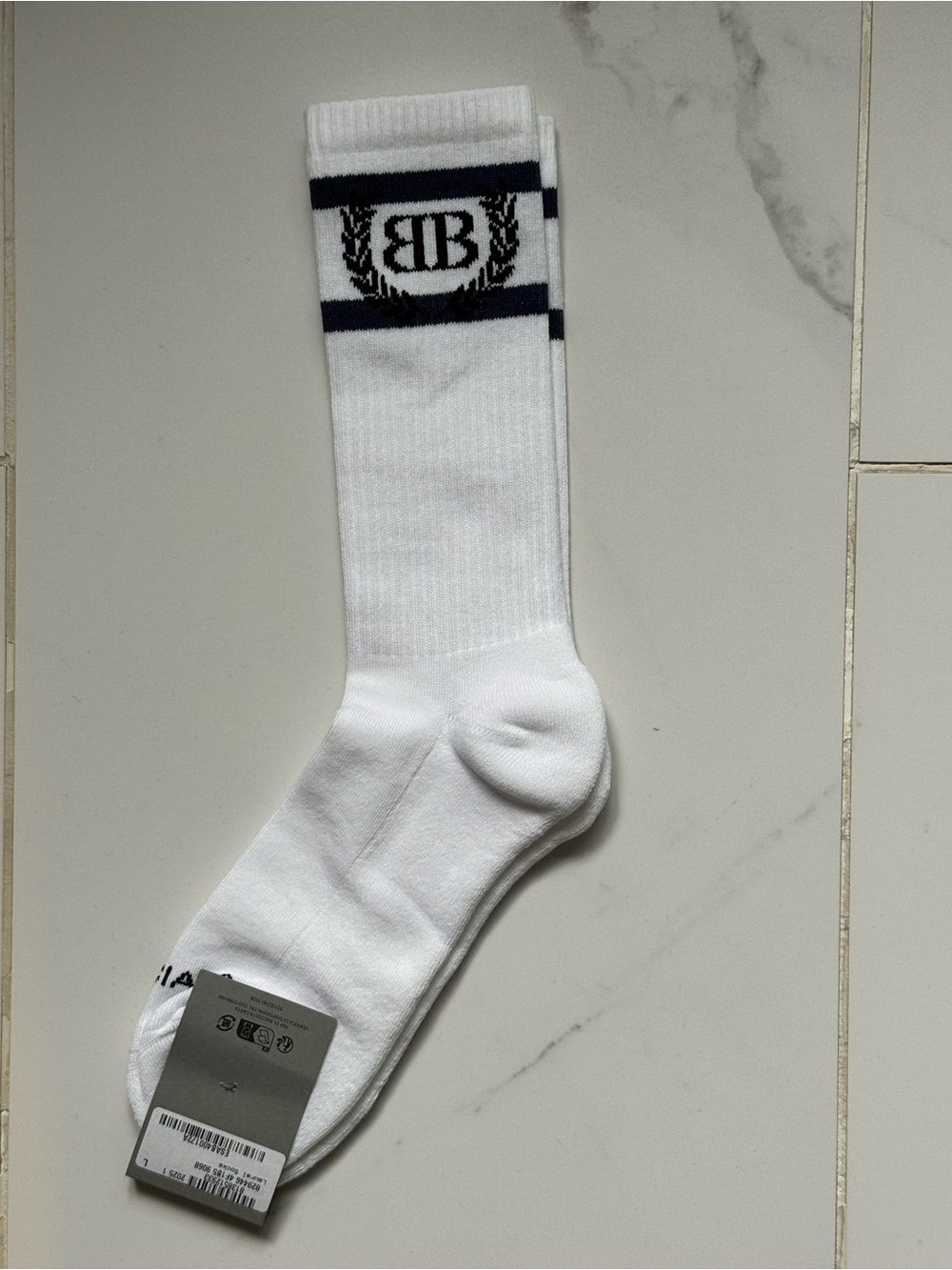 Balenciaga Crew Socks with Black Stripe and Monogram Accent (100% authentic)